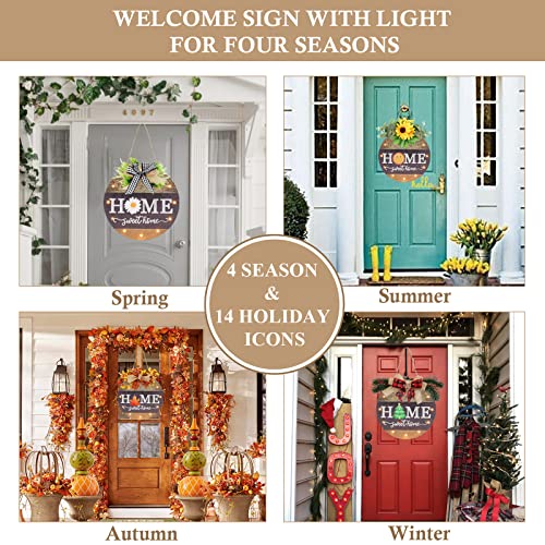 HOMCDALY Interchangeable Seasonal Welcome Sign Front Door Decoration with 4 Seasonal Wreaths and LED Light, Rustic Round Wood Wreaths Wall Hanging Outdoor, Farmhouse Front Door Decoration Home Décor - Image 3