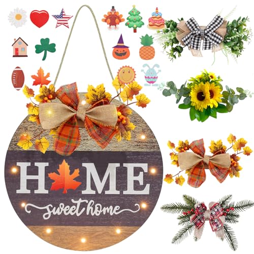 HOMCDALY Interchangeable Seasonal Welcome Sign Front Door Decoration with 4 Seasonal Wreaths and LED Light, Rustic Round Wood Wreaths Wall Hanging Outdoor, Farmhouse Front Door Decoration Home Décor - Image 1
