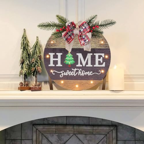 HOMCDALY Interchangeable Seasonal Welcome Sign Front Door Decoration with 4 Seasonal Wreaths and LED Light, Rustic Round Wood Wreaths Wall Hanging Outdoor, Farmhouse Front Door Decoration Home Décor - Image 4