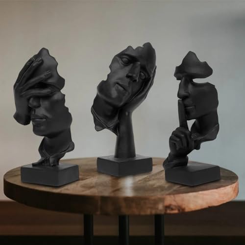 aboxoo 3 Pcs Thinker Statue, Silence is Gold Abstract Art Figurine, No Hear No See No Speak Modern Resin Sculptures Decor for Living Room, Home, Office Study (Black) - Image 2