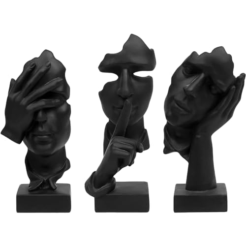 aboxoo 3 Pcs Thinker Statue, Silence is Gold Abstract Art Figurine, No Hear No See No Speak Modern Resin Sculptures Decor for Living Room, Home, Office Study (Black) - Image 1