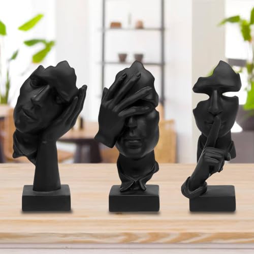 aboxoo 3 Pcs Thinker Statue, Silence is Gold Abstract Art Figurine, No Hear No See No Speak Modern Resin Sculptures Decor for Living Room, Home, Office Study (Black) - Image 4