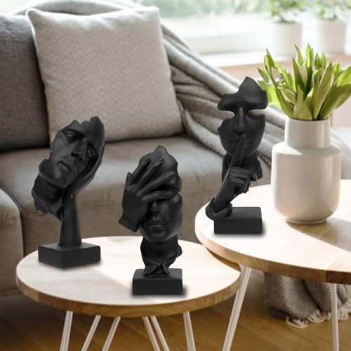 aboxoo 3 Pcs Thinker Statue, Silence is Gold Abstract Art Figurine, No Hear No See No Speak Modern Resin Sculptures Decor for Living Room, Home, Office Study (Black) - Image 3