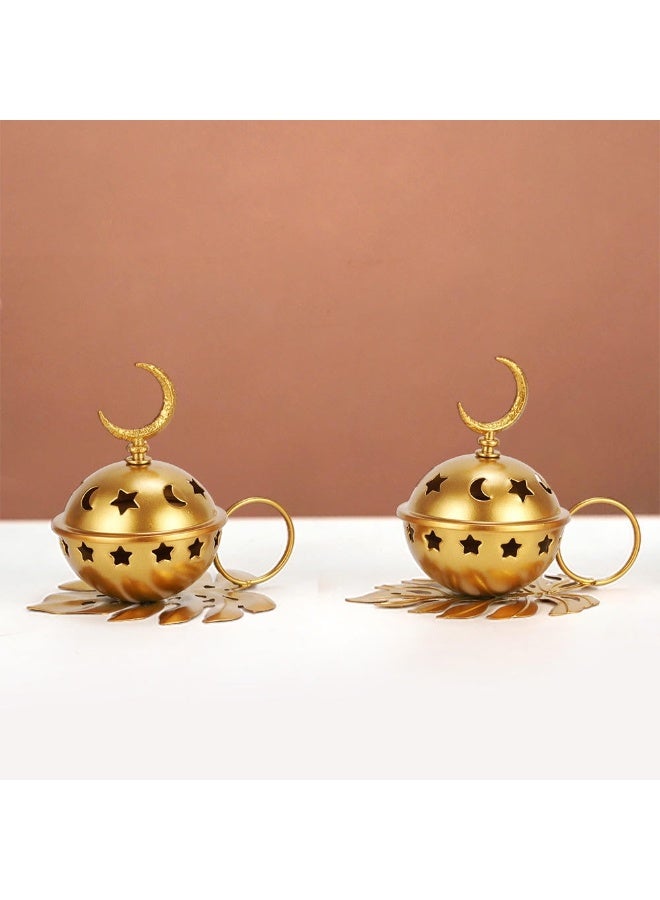 مبخرة معدنية بتصميم نجمة وقمر، مبخرة مباركة لعيد الفطر، مبخرة شرق أوسطية مجوفة، مبخرة للعلاج بالروائح، زينة منزلية لشهر رمضان، زينة احتفالية. - Image 2