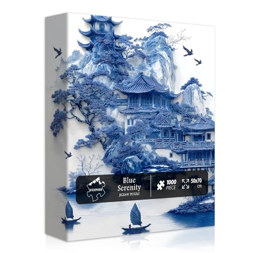 PICKFORU Impossible Landscape Puzzles for Adults 1000 PiecesNature Aesthetic Puzzle Blue and White SceneryUnique Chinese Scenic Jigsaw Puzzles with Birds BoatHard Difficult Challenge Building Puzzle - Image 1