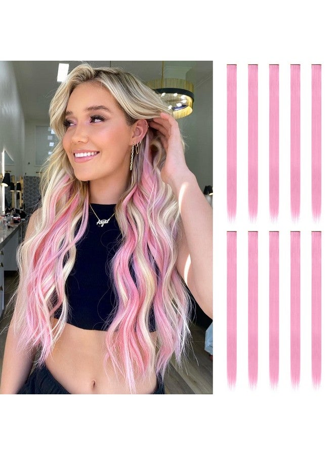 فيشبن وصلات شعر بمشبك وردي اللون، 10 قطع من قطع الشعر الوردية تبرز مشبكًا صناعيًا ملونًا مستقيمًا في قطع الشعر للنساء، 55.88 سم - Image 1