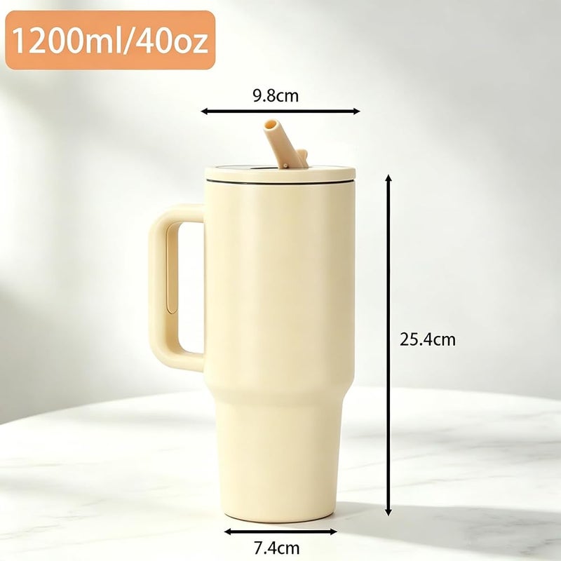 VTERLY 40oz Tumbler with Handle and Straw Lid, Insulated Stainless Steel Water Bottle, Reusable Leak Proof Travel Mug for Hot & Cold Drinks, Coffee, Iced Tea, Smoothie, Camping, Hiking (Yellow) - Image 2