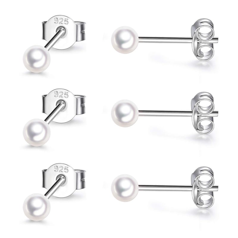 EPIRORA Sterling Silver Stud Earrings for Women Men- 3 Pairs 3mm Tiny Ball Stud Earrings Round CZ Earrings Pearl Earrings Set Cartilage Small Tragus Earrings - Image 1
