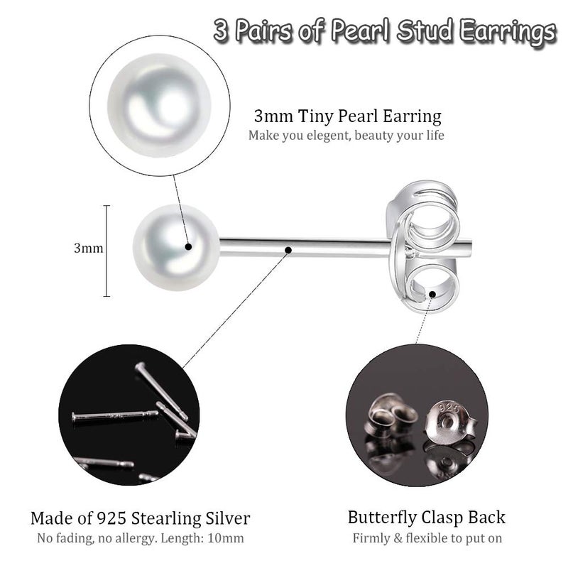 EPIRORA Sterling Silver Stud Earrings for Women Men- 3 Pairs 3mm Tiny Ball Stud Earrings Round CZ Earrings Pearl Earrings Set Cartilage Small Tragus Earrings - Image 2