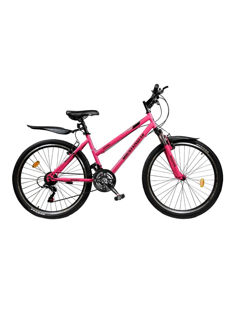 MOUNTAIN GEAR Lady Sports Bike 26 Inch with 7 Gears | Road, City & Mountain Bicycle Mech Disk Brakes MTB Suspension Adjustable Seat Heights Unisex Adult Comfort, PINK  - Image 1