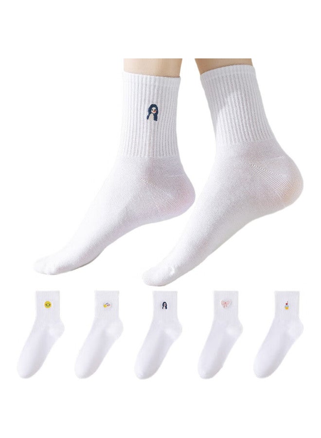 MIIOW 5-Pair Pack Women'S Socks, 100% Cotton, Antibacterial, Odor-Resistant, Embroidered Mid-Calf Socks, Breathable For Summer, Solid Color, Versatile - Image 2