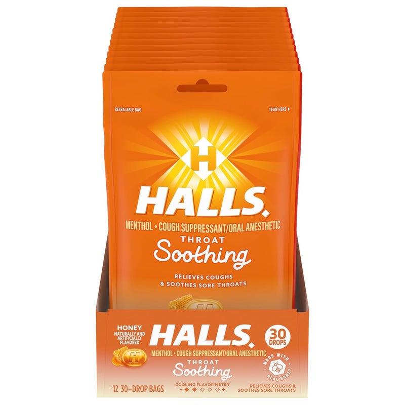 HALLS Throat Soothing Honey Cough Drops, 12 Bags of 30 Drops (360 Total Drops)
