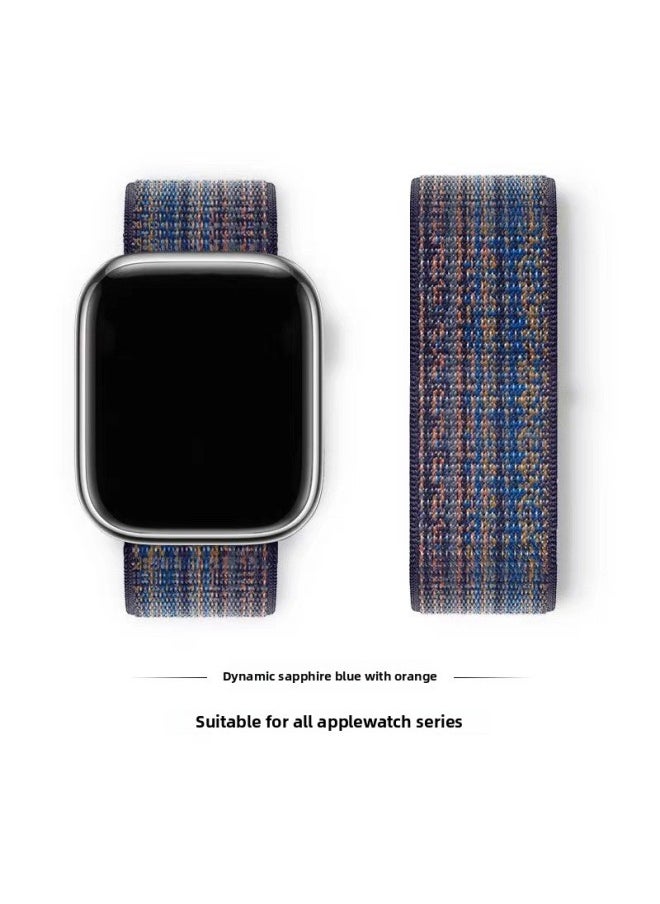 Generic - Suitable For Iwatch1-s9 Strap Light Mint/Ocean Blue Nylon Loop Velcro Wristband For Apple Watch Strap-Color:115# Dynamic Blue With Orange-Specifications:38/40/41mm - Image 1