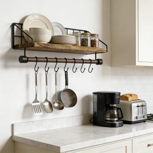 Alsonerbay Floating Shelves Wood Shelves for Wall, Rustic Wood Kitchen Shelf with Towel Bar and 8 Removable Hooks for Hanging Cooking Utensils or Mugs - Image 4