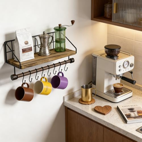 Alsonerbay Floating Shelves Wood Shelves for Wall, Rustic Wood Kitchen Shelf with Towel Bar and 8 Removable Hooks for Hanging Cooking Utensils or Mugs - Image 2