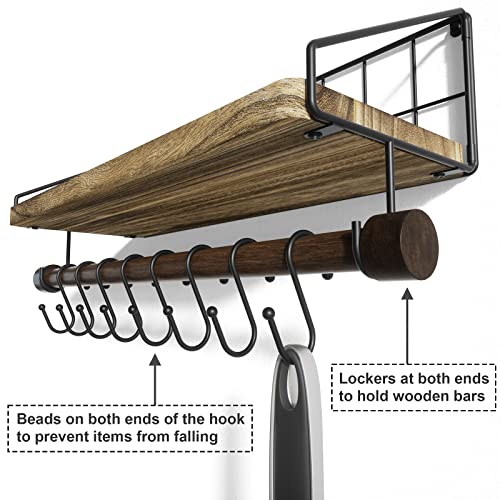 Alsonerbay Floating Shelves Wood Shelves for Wall, Rustic Wood Kitchen Shelf with Towel Bar and 8 Removable Hooks for Hanging Cooking Utensils or Mugs - Image 5