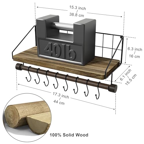 Alsonerbay Floating Shelves Wood Shelves for Wall, Rustic Wood Kitchen Shelf with Towel Bar and 8 Removable Hooks for Hanging Cooking Utensils or Mugs - Image 3