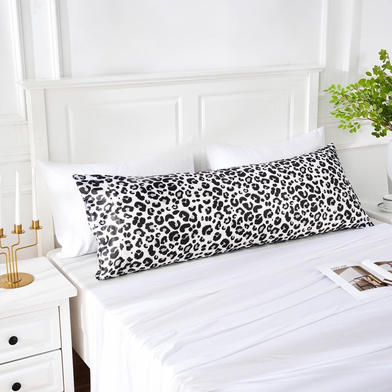 MR&HM Satin Body Pillow Cover, Soft and Breathable Body Pillow Case with Envelope Closure, Cooling and Silky Long Pillowcase for Hair and Skin,Grey (20x54, White Leopard) - Image 5