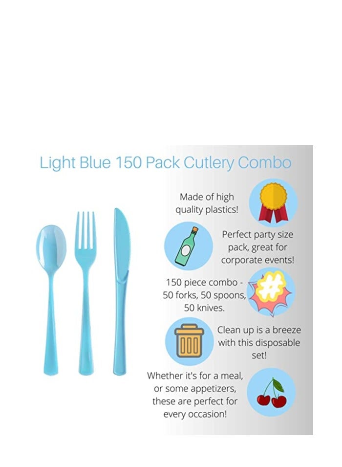 Raya Party Solids Light Blue Plastic Silverware Heavy Duty 150 Pcs Light Blue Plastic Cutlery Sets, Utensil Sets, 50 Of Each Forks, Knives & Spoons Disposable Cutlery Set, Flatware Set For Party Supplies Light Blue - Image 2