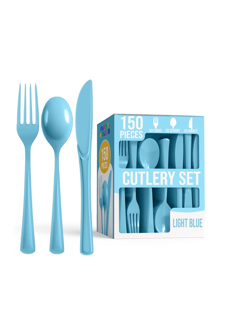 Raya Party Solids Light Blue Plastic Silverware Heavy Duty 150 Pcs Light Blue Plastic Cutlery Sets, Utensil Sets, 50 Of Each Forks, Knives & Spoons Disposable Cutlery Set, Flatware Set For Party Supplies Light Blue - Image 1