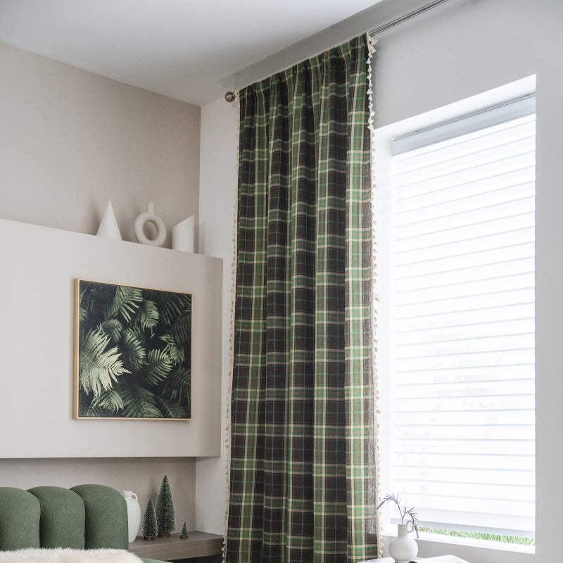 Sutuo Home Boho Curtains for Bedroom 84 Inch Length, Light Filtering Country Farmhouse Vintage Shabby Chic Tassels Window Treatment Bohemian Grid Drape for Xmas Decor 1 Panel 52"W x 84"L, Green Plaids - Image 3