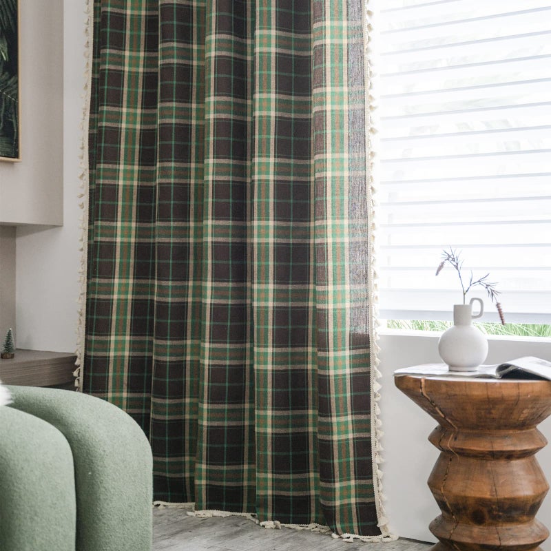 Sutuo Home Boho Curtains for Bedroom 84 Inch Length, Light Filtering Country Farmhouse Vintage Shabby Chic Tassels Window Treatment Bohemian Grid Drape for Xmas Decor 1 Panel 52"W x 84"L, Green Plaids - Image 2