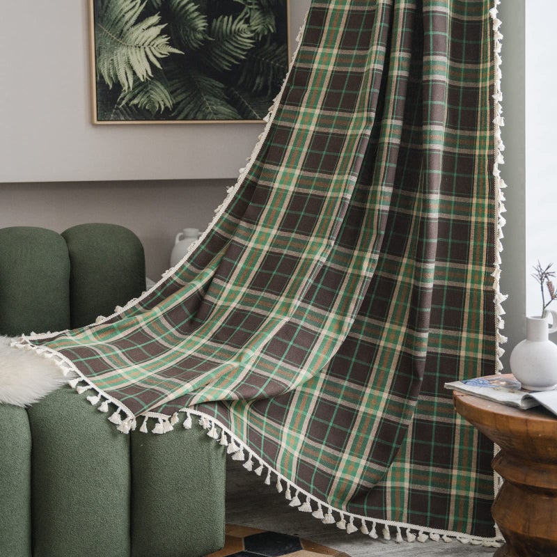 Sutuo Home Boho Curtains for Bedroom 84 Inch Length, Light Filtering Country Farmhouse Vintage Shabby Chic Tassels Window Treatment Bohemian Grid Drape for Xmas Decor 1 Panel 52"W x 84"L, Green Plaids - Image 1