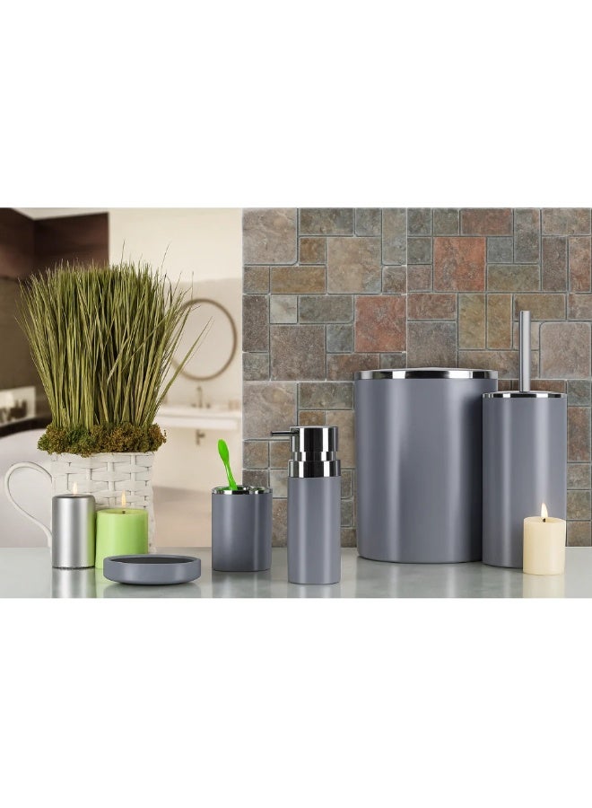 بريمانوفا طقم إكسسوارات حمام ٥ قطع أكريليك بتشطيب كروم – سلة مهملات ٦ لتر، فرشاة مرحاض، موزع صابون، حامل فرشاة أسنان وصينية صابون (رمادي) - Image 3