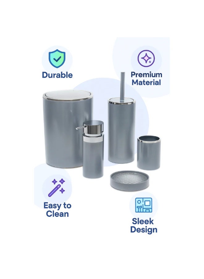 بريمانوفا طقم إكسسوارات حمام ٥ قطع أكريليك بتشطيب كروم – سلة مهملات ٦ لتر، فرشاة مرحاض، موزع صابون، حامل فرشاة أسنان وصينية صابون (رمادي) - Image 4