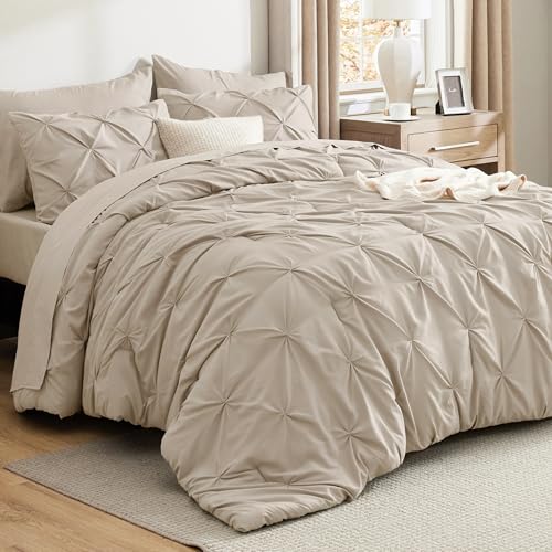 Bedsure Bedsure Queen Comforter Set Beige  Bed in a Bag Queen Size 7 Pieces GentleSoft Pintuck Bed Set Gift for Family Pinch Pleat Beige Comforter with Sheets Pillowcases  Shams 