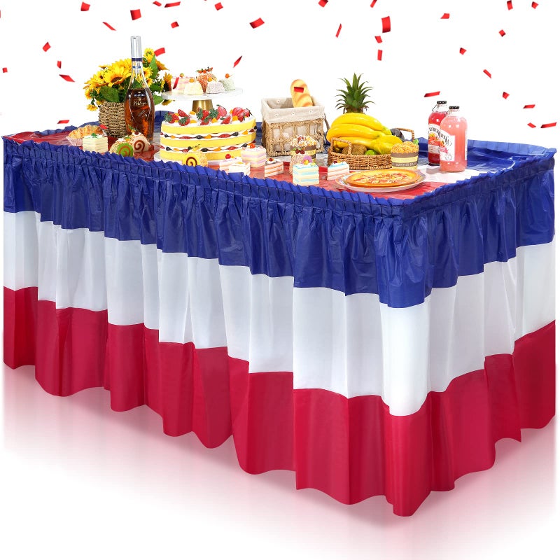 3 Pack 4th of July Plastic Table Skirts Decorations Red White and Blue Patriotic Disposable Table Skirts Fourth of July Table Party Decorations for Independence Memorial Veterans Day 24 x 14 Ft