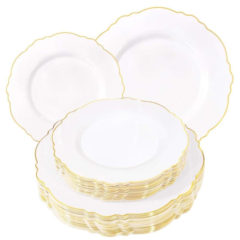 WDF 60pcs White and Gold Plastic Plates - Baroque White With Gold of 30 Heavy Duty Gold dinner plates 10.25inch, 30 Salad Plates 7.5inch Perfect for Wedding Baby Shower Spring - Image 1