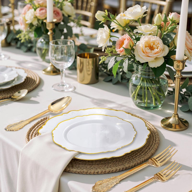 WDF 60pcs White and Gold Plastic Plates - Baroque White With Gold of 30 Heavy Duty Gold dinner plates 10.25inch, 30 Salad Plates 7.5inch Perfect for Wedding Baby Shower Spring - Image 4