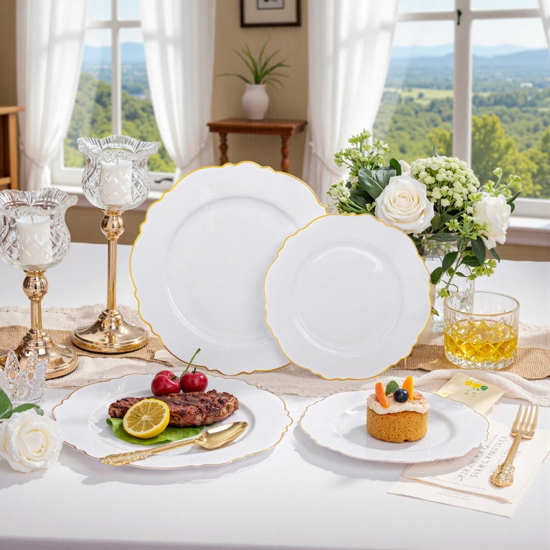 WDF 60pcs White and Gold Plastic Plates - Baroque White With Gold of 30 Heavy Duty Gold dinner plates 10.25inch, 30 Salad Plates 7.5inch Perfect for Wedding Baby Shower Spring - Image 2