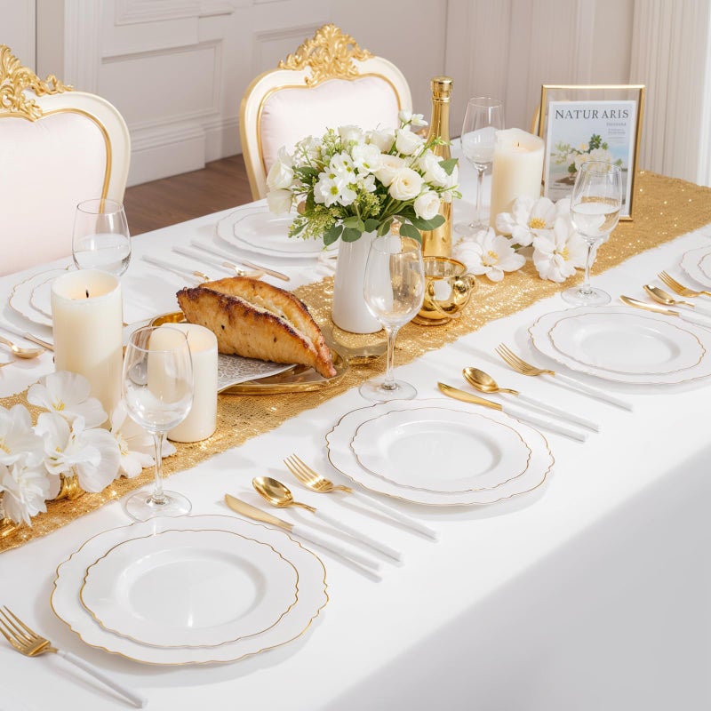 WDF 60pcs White and Gold Plastic Plates - Baroque White With Gold of 30 Heavy Duty Gold dinner plates 10.25inch, 30 Salad Plates 7.5inch Perfect for Wedding Baby Shower Spring - Image 5