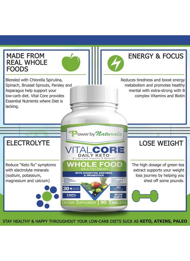 Power By Naturals - Vital Core Daily Keto Vitamins Wholefood Keto Multivitamin For Women & Men ; Supports Energy Tiredness And Keto Flu ; With Digestive Enzyme & Probiotics ; 90 Tablets - Image 1