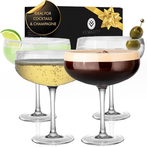 VEMACITY - Elegant Espresso Martini Glasses Set of 4 (10oz) - Classic Coupe Glasses for Martinis, Champagne, Margaritas | Handblown Crystal Cocktail Glassware | Ideal for Christmas & New Years - Image 1