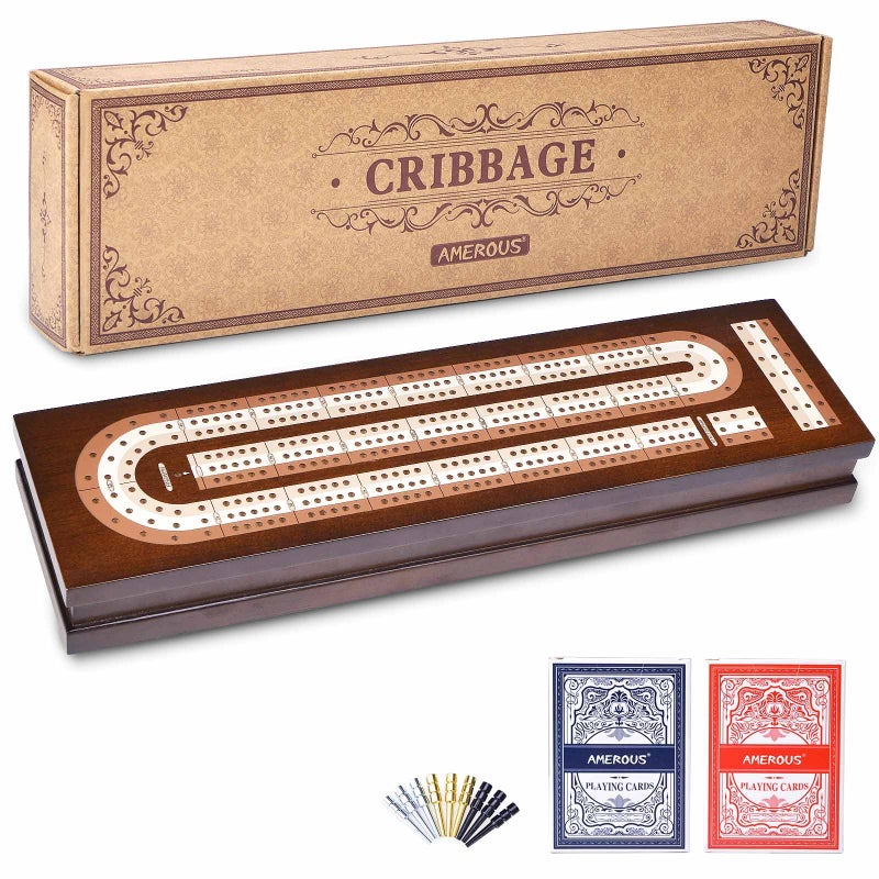 AMEROUS Wooden Cribbage Board Game Set with Magnetic Lock  Metal Pegs  2 Playing Cards  Continuous 3 Track Board  Larger Storage Area Travel Portable Cribbage Game Sets for Family - Image 2