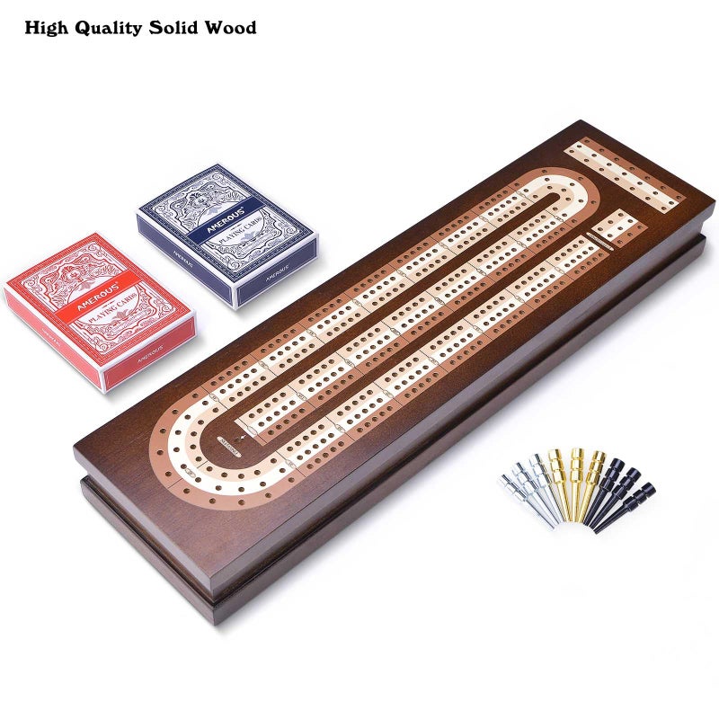 AMEROUS Wooden Cribbage Board Game Set with Magnetic Lock  Metal Pegs  2 Playing Cards  Continuous 3 Track Board  Larger Storage Area Travel Portable Cribbage Game Sets for Family - Image 3