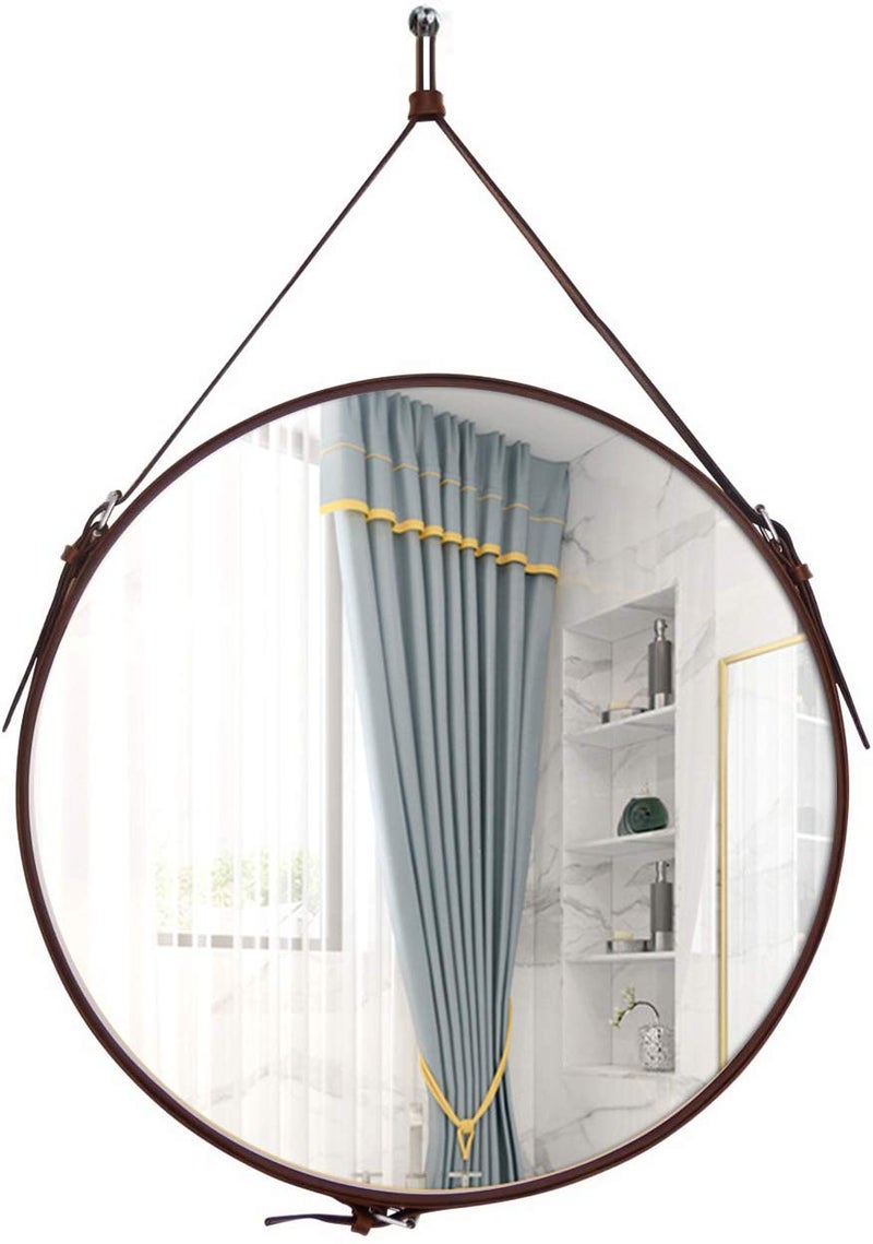 HofferRuffer Round Wall Mirror Decorative Mirror, Hanging Mirror with Hanging Strap Silver Hardware Hooker/Hanger (Brown, 20'') - Image 1