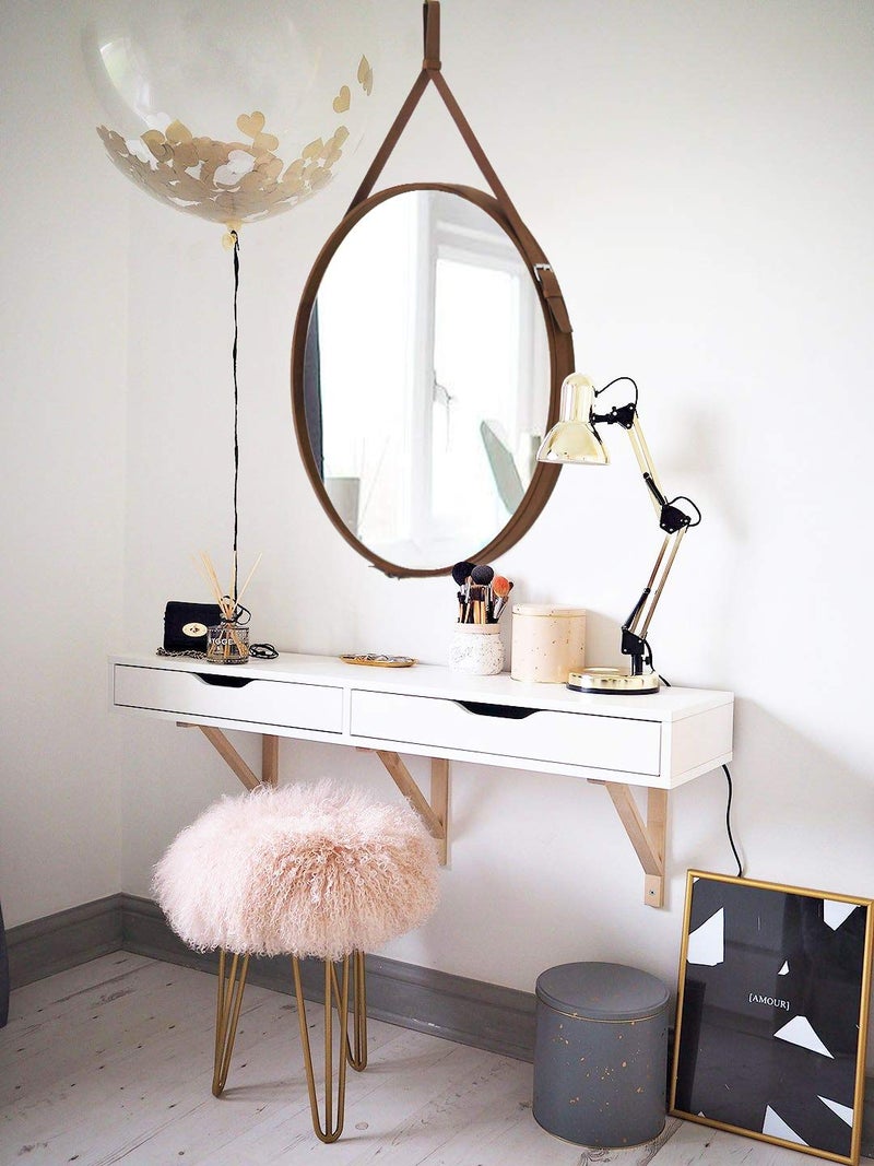 HofferRuffer Round Wall Mirror Decorative Mirror, Hanging Mirror with Hanging Strap Silver Hardware Hooker/Hanger (Brown, 20'') - Image 2