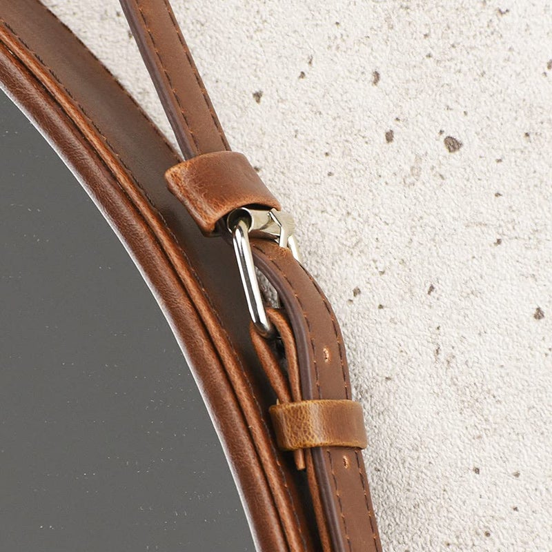 HofferRuffer Round Wall Mirror Decorative Mirror, Hanging Mirror with Hanging Strap Silver Hardware Hooker/Hanger (Brown, 20'') - Image 4