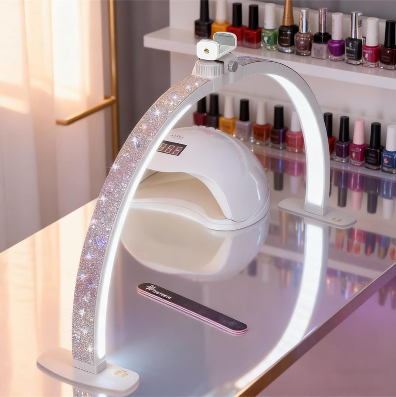 FAHKNS Half Moon Light for Nail Desk with Phone Holder, 29IN Folding Half-Moon Light with Shinning Diamond, LED Lamp for Nail Art, Eyelash Extension, Tattooing, Skin Management, Color Temperature 3000-6500K - Image 1