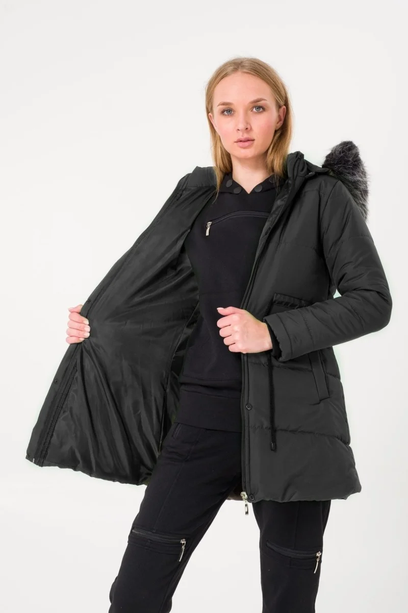 Barbora Winter Collar Fur Long Women's Puffer Coat BT122SIYAH9