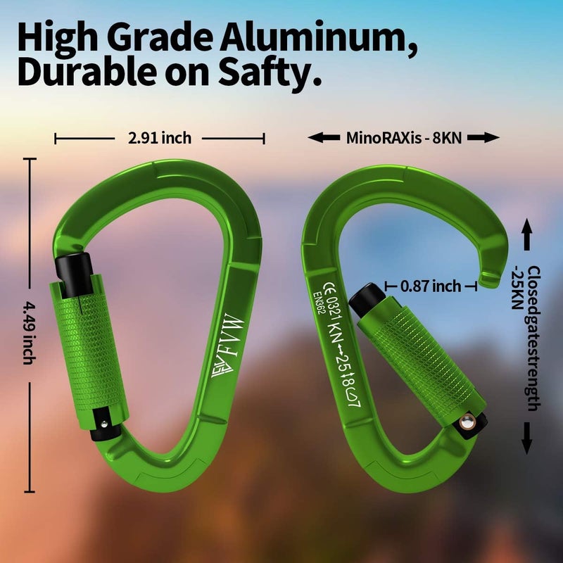 FVW Auto Locking Rock Climbing Carabiner Clips, UIAA Certified Professional 25KN (5620 lbs) Heavy Duty Caribeaners for Rappelling Swing Rescue & Gym etc,Large Carabiners,D-Shaped - Image 2