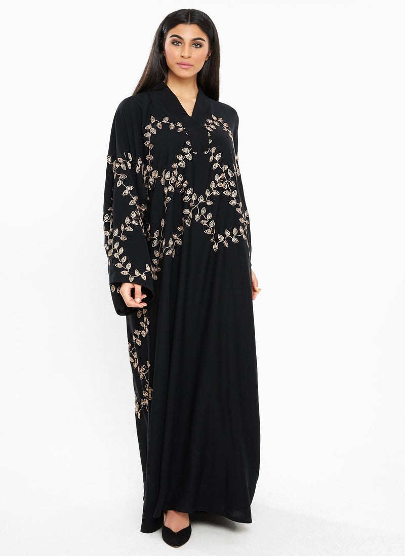 NUKHBAA Casual abaya with cream leafy crochet embroidery detail-SB182A - Image 1