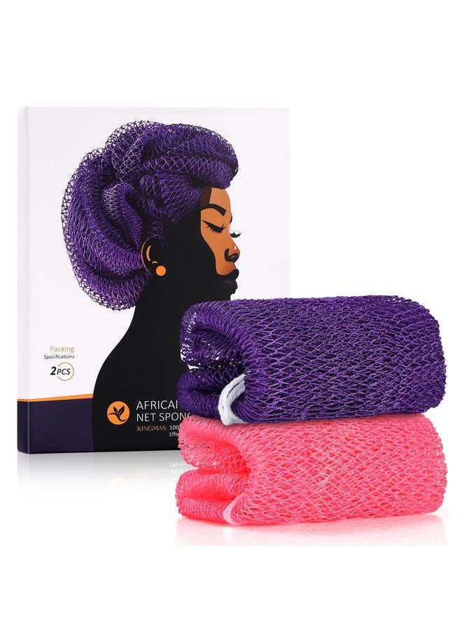 KingMas African Net Sponge, 2 Pieces Exfoliating Body Scrubber Bath Sponge, Back Scrubber Washcloth for Shower, African Scrub Exfoliator Body Care Bathing (Purple & Pink) - Image 1