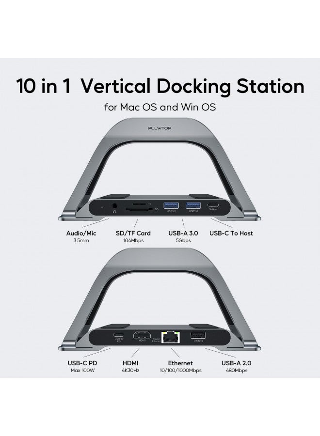 PULWTOP MacBook Docking Station, PULWTOP USB C Docking Station with Vertical Stand Compatible with MacBook Pro and Air, with 4K HDMI, 3 USB, SD/TF, PD3.0, RJ45 Ethernet, Audio, for HP/Dell/Lenovo laptops - Image 1
