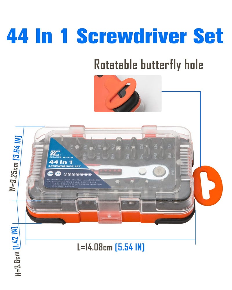 ROTATION 44pc Bit Set with 1/4 Mini Ratchet Offset Screwdriver, Portable Case, CR-V Steel, Drive Handle & Multi Hex/Phillips/Slotted/Torx/Star Bit - Image 3