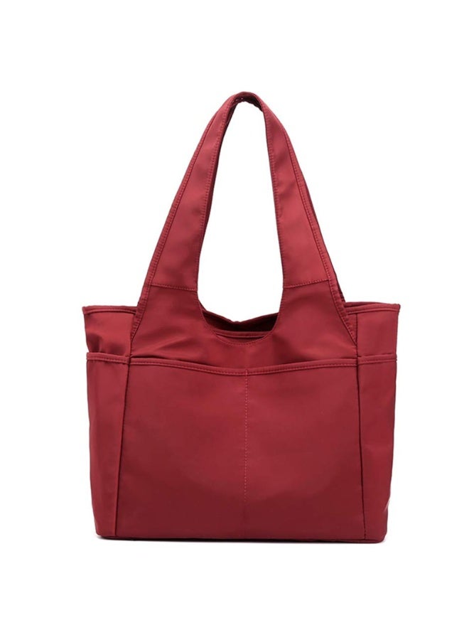 Women's Multi-Pocket Nylon Tote Shoulder Bag, Water Resistant Travel Handbag, Red - Image 1